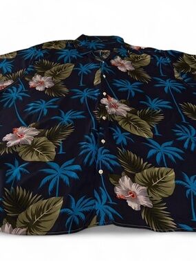 Men's Navy Tropical Floral Button-Down Shirt with Blue Palm Print
